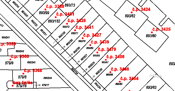 Znojmo 3439 na parcele st. 893/69 v KÚ Znojmo-město, Katastrální mapa