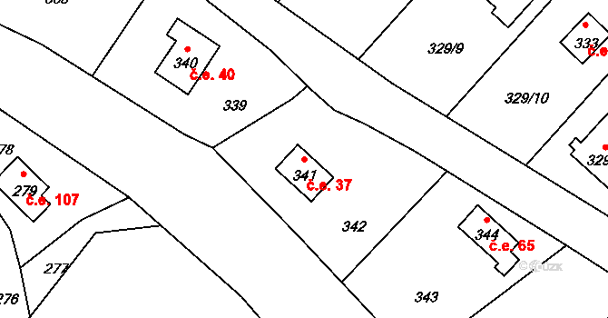 Dojetřice 37, Sázava na parcele st. 341 v KÚ Dojetřice, Katastrální mapa