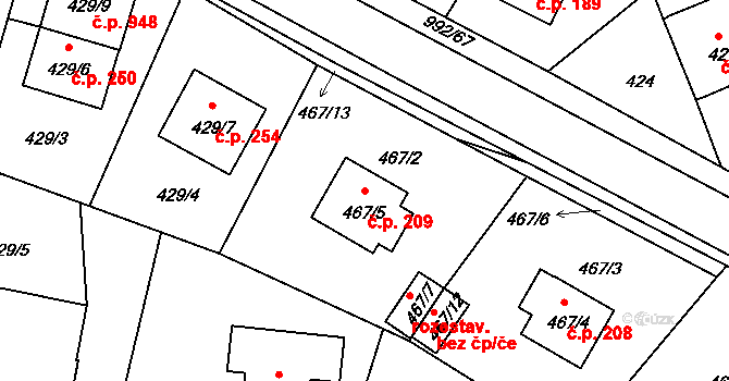 Srubec 209 na parcele st. 467/5 v KÚ Srubec, Katastrální mapa
