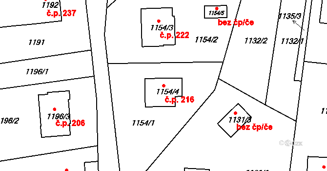 Lyžbice 216, Třinec na parcele st. 1154/4 v KÚ Lyžbice, Katastrální mapa