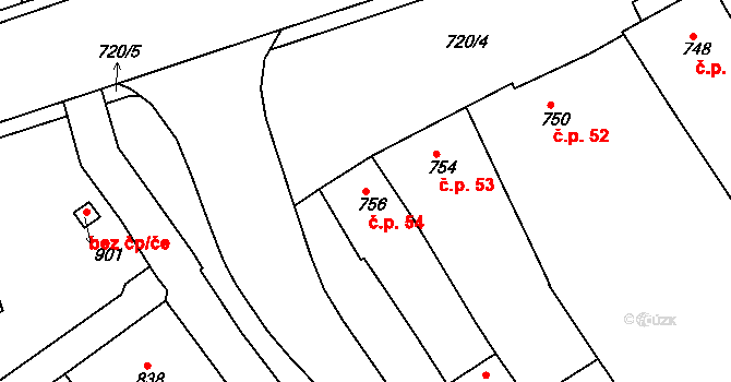 Rousínov 54 na parcele st. 756 v KÚ Rousínov u Vyškova, Katastrální mapa