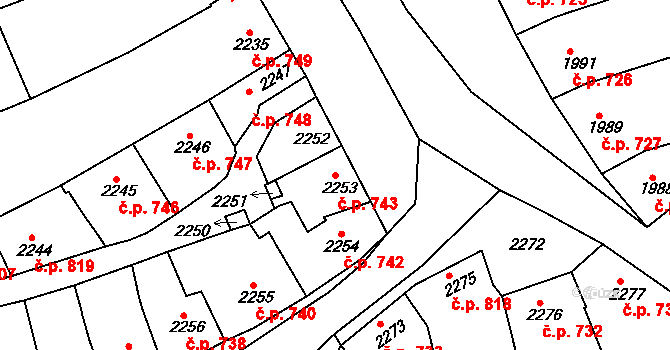 Slavíkovice 743, Rousínov na parcele st. 2253 v KÚ Rousínov u Vyškova, Katastrální mapa