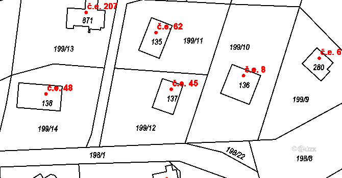 Rabyně 45 na parcele st. 137 v KÚ Rabyně, Katastrální mapa