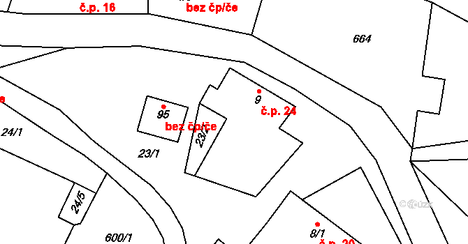 Lážovice 24 na parcele st. 9 v KÚ Lážovice, Katastrální mapa