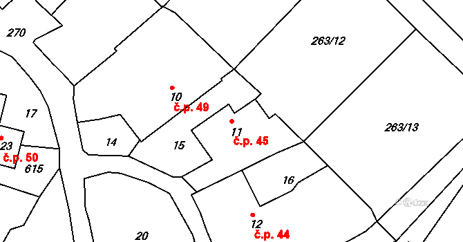 Hlivice 45, Medlov na parcele st. 11 v KÚ Hlivice, Katastrální mapa