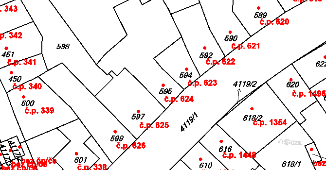 Roudnice nad Labem 624 na parcele st. 595 v KÚ Roudnice nad Labem, Katastrální mapa