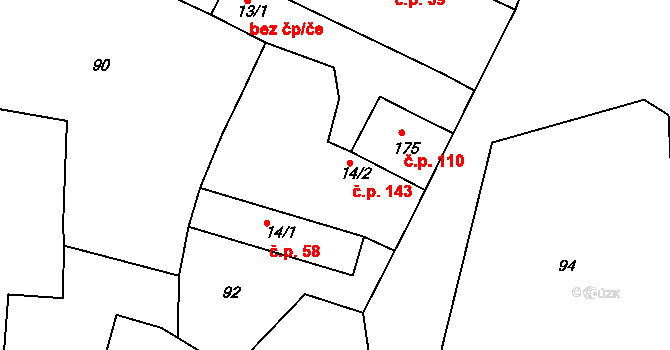Zalužany 143 na parcele st. 14/2 v KÚ Zalužany, Katastrální mapa