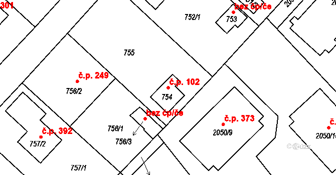 Strkov 102, Planá nad Lužnicí na parcele st. 754 v KÚ Planá nad Lužnicí, Katastrální mapa