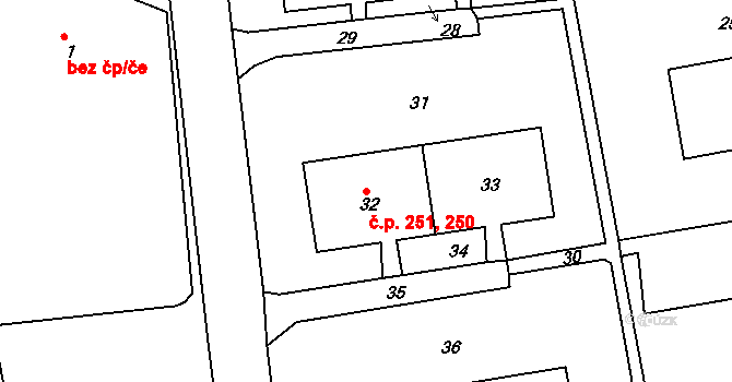 Chlumec 250,251 na parcele st. 32 v KÚ Chlumec u Chabařovic, Katastrální mapa