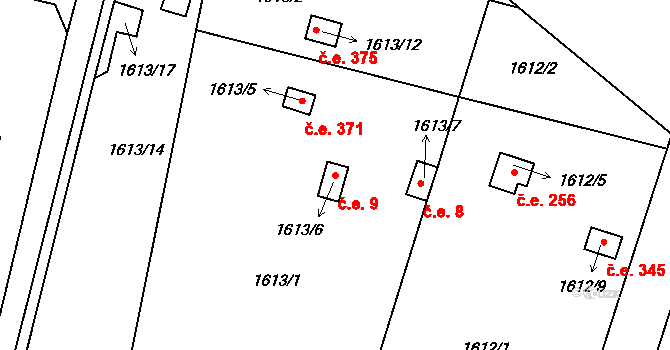 Horní Heršpice 9, Brno na parcele st. 1613/6 v KÚ Horní Heršpice, Katastrální mapa