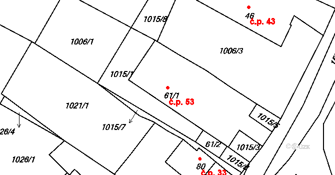Dynín 53 na parcele st. 61/1 v KÚ Dynín, Katastrální mapa