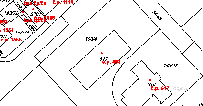 Sezimovo Ústí 493 na parcele st. 617 v KÚ Sezimovo Ústí, Katastrální mapa