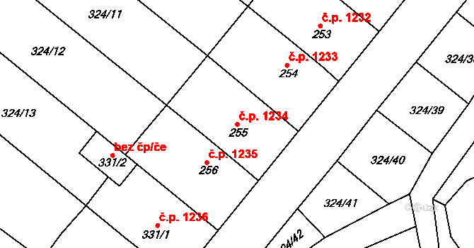 Předklášteří 1234 na parcele st. 255 v KÚ Předklášteří, Katastrální mapa