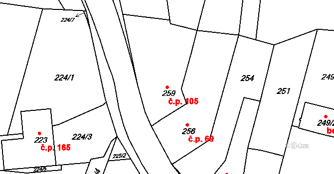 Kanice 105 na parcele st. 259 v KÚ Kanice, Katastrální mapa