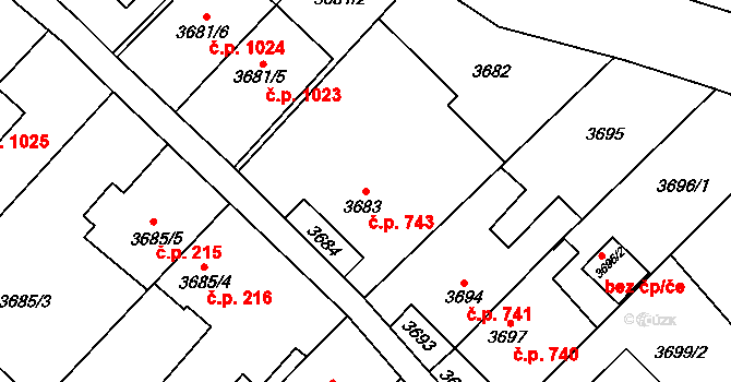 Fryštát 743, Karviná na parcele st. 3683 v KÚ Karviná-město, Katastrální mapa