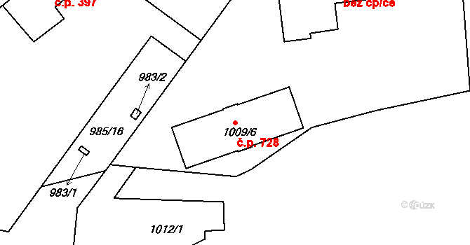 Březnice 728 na parcele st. 1009/6 v KÚ Březnice, Katastrální mapa