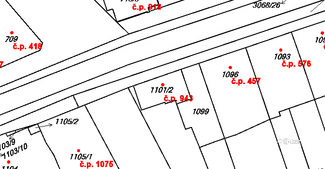 Lužice 943 na parcele st. 1101/2 v KÚ Lužice u Hodonína, Katastrální mapa