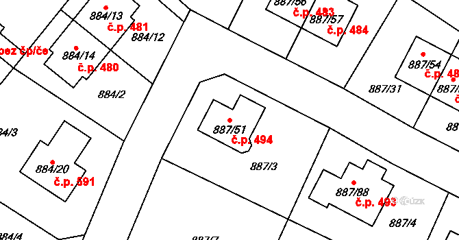 Jirny 494 na parcele st. 887/51 v KÚ Jirny, Katastrální mapa