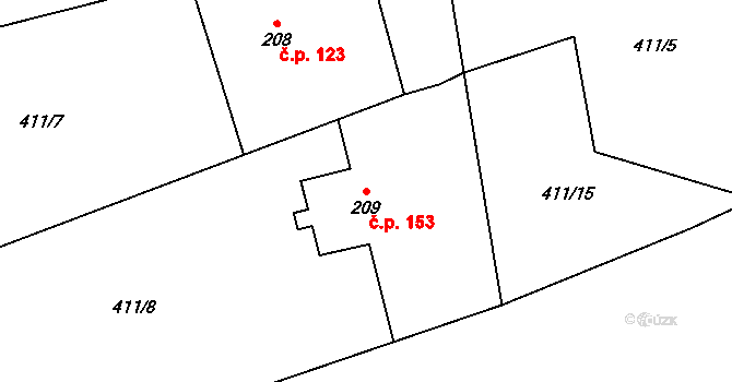 Špičák 153, Železná Ruda na parcele st. 209 v KÚ Špičák, Katastrální mapa