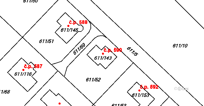 Srubec 590 na parcele st. 611/143 v KÚ Srubec, Katastrální mapa