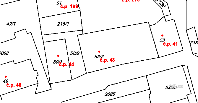 Ryžoviště 43 na parcele st. 52/2 v KÚ Ryžoviště, Katastrální mapa