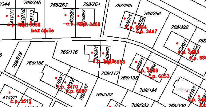 Zlín 6855 na parcele st. 4098/2 v KÚ Zlín, Katastrální mapa
