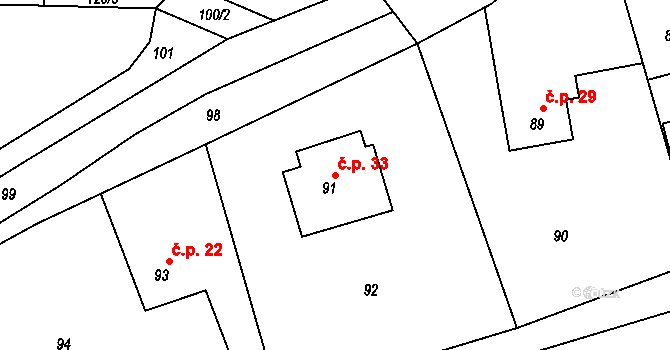 Střemchoví 33, Dolní Loučky na parcele st. 91 v KÚ Střemchoví, Katastrální mapa