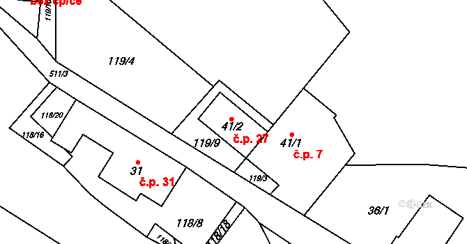 Karasín 27, Bystřice nad Pernštejnem na parcele st. 41/2 v KÚ Karasín, Katastrální mapa