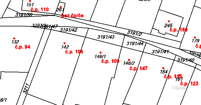 Orlovice 109 na parcele st. 146/1 v KÚ Orlovice, Katastrální mapa