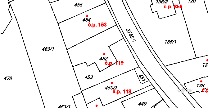Kylešovice 119, Opava na parcele st. 452 v KÚ Kylešovice, Katastrální mapa
