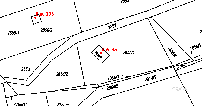 Buchlovice 95 na parcele st. 2855/2 v KÚ Buchlovice, Katastrální mapa