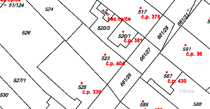 Babice 404 na parcele st. 523 v KÚ Babice u Uherského Hradiště, Katastrální mapa