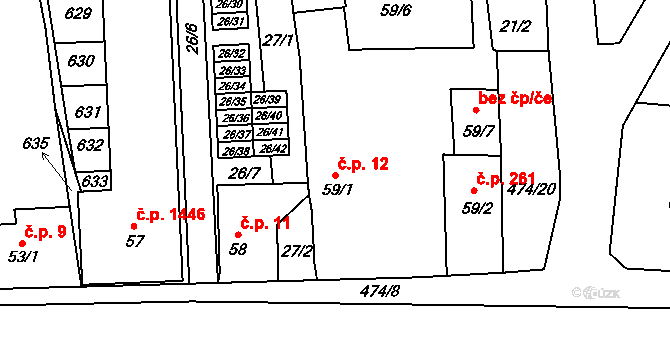 Rudná 12 na parcele st. 59/1 v KÚ Dušníky u Rudné, Katastrální mapa