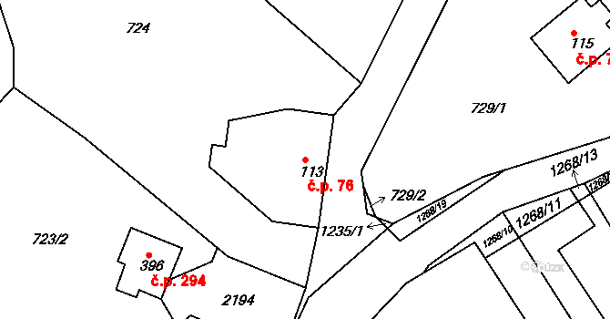 Hrabišín 76 na parcele st. 113 v KÚ Hrabišín, Katastrální mapa