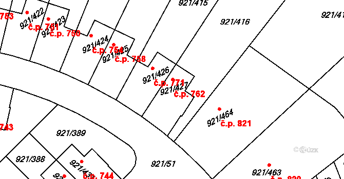 Hostavice 762, Praha na parcele st. 921/427 v KÚ Hostavice, Katastrální mapa