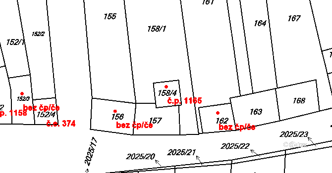 Modřice 1165 na parcele st. 158/4 v KÚ Modřice, Katastrální mapa