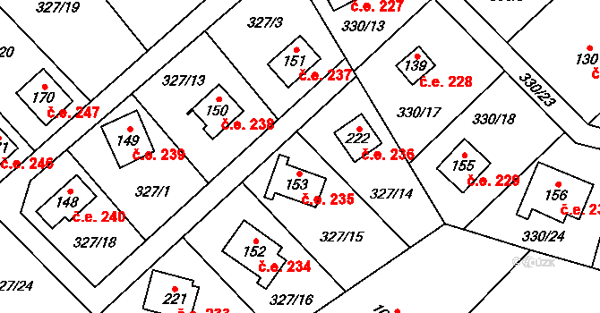 Klokočovská Lhotka 235, Klokočov na parcele st. 153 v KÚ Klokočov, Katastrální mapa