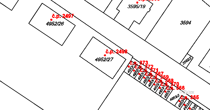 Znojmo 2498 na parcele st. 4952/27 v KÚ Znojmo-město, Katastrální mapa