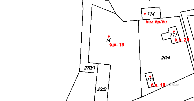 Nouzov 19, Chotěšice na parcele st. 14 v KÚ Nouzov u Dymokur, Katastrální mapa