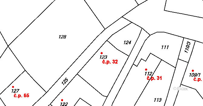 Šestajovice 32 na parcele st. 123 v KÚ Šestajovice u Jaroměře, Katastrální mapa