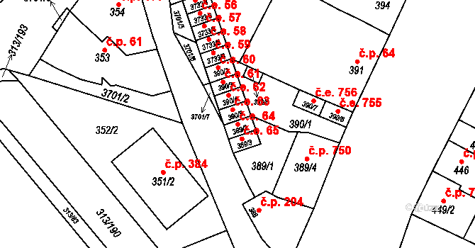 Vyškov-Předměstí 64, Vyškov na parcele st. 389/2 v KÚ Vyškov, Katastrální mapa