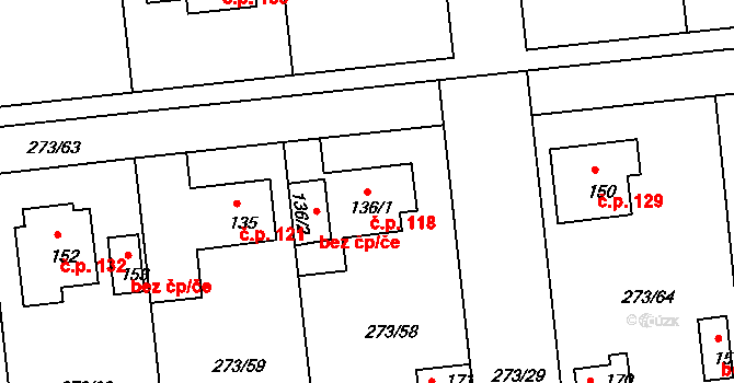 Předboj 118 na parcele st. 136/1 v KÚ Předboj, Katastrální mapa