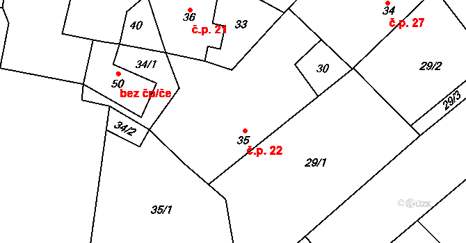 Příčovy 22 na parcele st. 35 v KÚ Příčovy, Katastrální mapa
