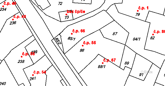 Šebrov 55, Šebrov-Kateřina na parcele st. 86 v KÚ Šebrov, Katastrální mapa