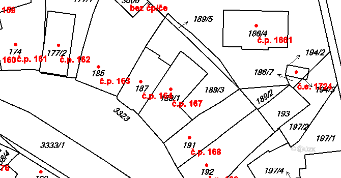 Pelhřimov 167 na parcele st. 189/1 v KÚ Pelhřimov, Katastrální mapa