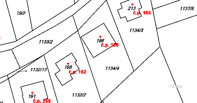 Strašín 156 na parcele st. 186 v KÚ Strašín u Sušice, Katastrální mapa