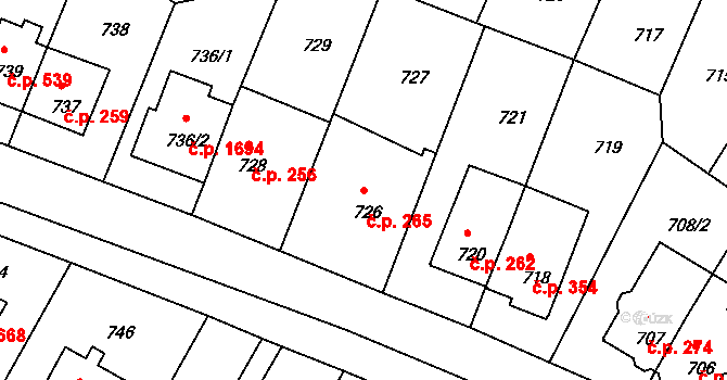 Braník 265, Praha na parcele st. 726 v KÚ Braník, Katastrální mapa