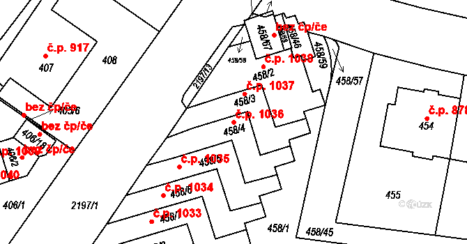 Střešovice 1036, Praha na parcele st. 458/4 v KÚ Střešovice, Katastrální mapa
