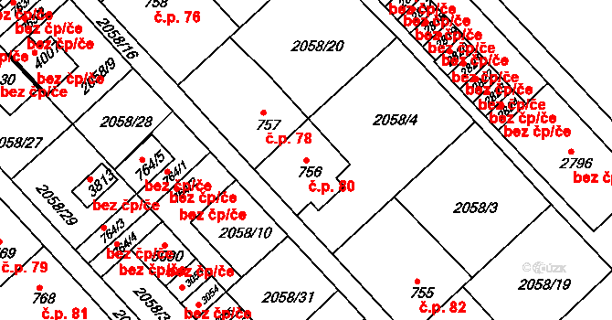 Horní Předměstí 80, Trutnov na parcele st. 756 v KÚ Trutnov, Katastrální mapa
