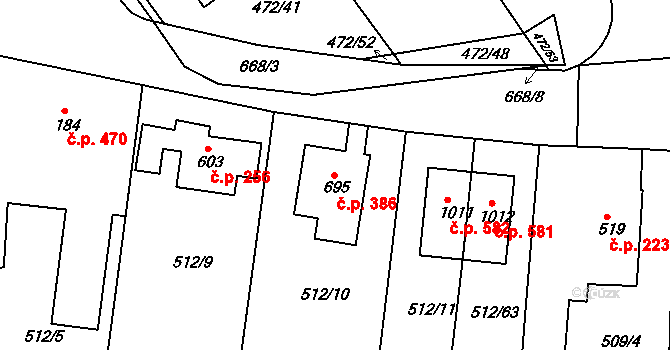 Třebeš 386, Hradec Králové na parcele st. 695 v KÚ Třebeš, Katastrální mapa